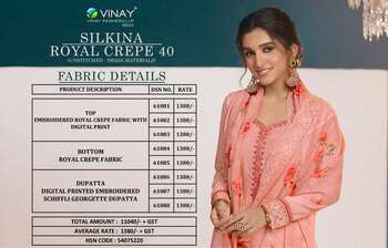 VINAY SILKINA ROYAL CREPE VOL 40 DIGITAL PRINT EMBROIDERY SUITS NEW CATALOGUE