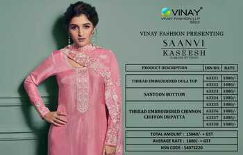 VINAY KASEESH SAANVI DOLA THREAD EMBROIDERED SUITS AT SURAT