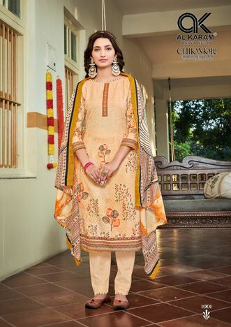 AL KARAM CHIKANKARI EMBROIDERED COTTON DIGITAL PRINT KARACHI SUITS