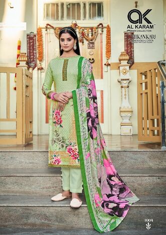 AL KARAM CHIKANKARI EMBROIDERED COTTON DIGITAL PRINT KARACHI SUITS