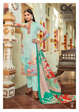 AL KARAM CHIKANKARI EMBROIDERED COTTON DIGITAL PRINT KARACHI SUITS