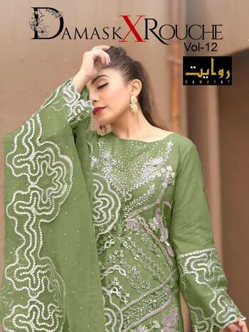 RAWAYAT DAMASK X ROUCHE VOL 12 FOUX GEORGETTE PAKISTANI SUITS AT SURAT