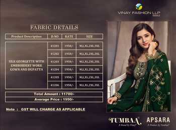 VINAY TUMBAA APSARA SILK GEORGETTE EMBROIDERY SUITS CATALOGUE