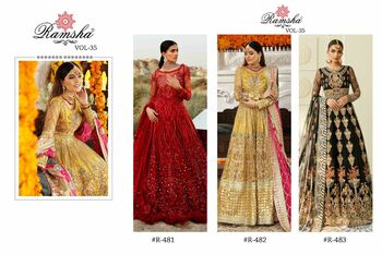 RAMSHA PRESENT R 481 TO R 483 GEORGETTE PAKISTANI SUITS