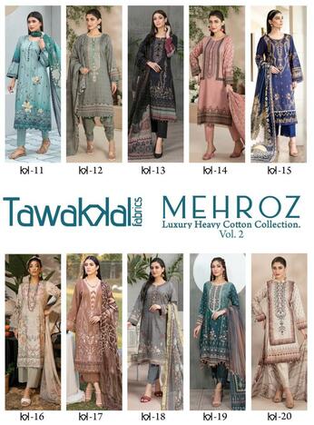 TAWAKKAL FAB MEHROZ VOL 2 LUXURY COTTON KARACHI SUITS COLLECTION 2023