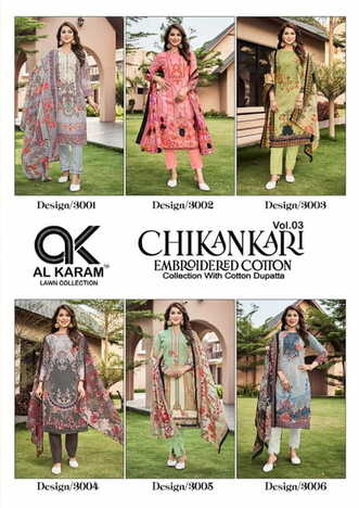 AL KARAM CHIKANKARI EMBROIDERED COTTON VOL 3 PRINTED KARACHI SUITS CATALOGUE