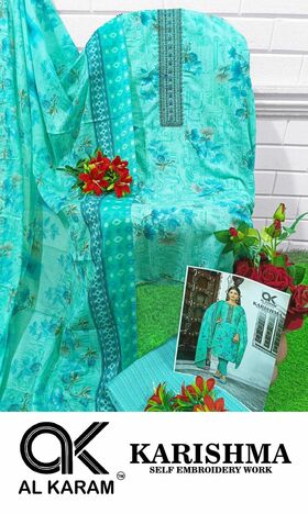 AL KARAM KARISHMA SELF EMBROIDERY LAWN KARACHI SUITS SUPPLIER SURAT