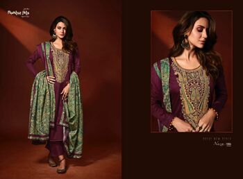 MUMTAZ ARTS NAZM VISCOSE JAM SATIN EMBROIDERY SUITS SURAT