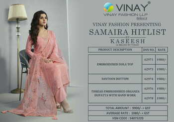 VINAY KASEESH SAMAIRA HIT LIST DOLA EMBROIDERY SUITS NEW CATALOGUE