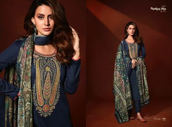 MUMTAZ ARTS NAZM VISCOSE JAM SATIN EMBROIDERY SUITS SURAT