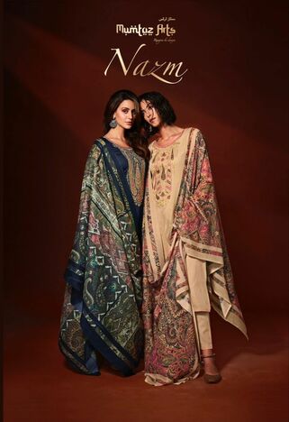 MUMTAZ ARTS NAZM VISCOSE JAM SATIN EMBROIDERY SUITS SURAT