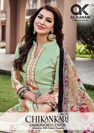 AL KARAM CHIKANKARI EMBROIDERED COTTON VOL 3 PRINTED KARACHI SUITS CATALOGUE