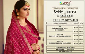 VINAY KASEESH SANA HIT LIST DOLA JACQUARD SUITS SURAT SUPPLIER