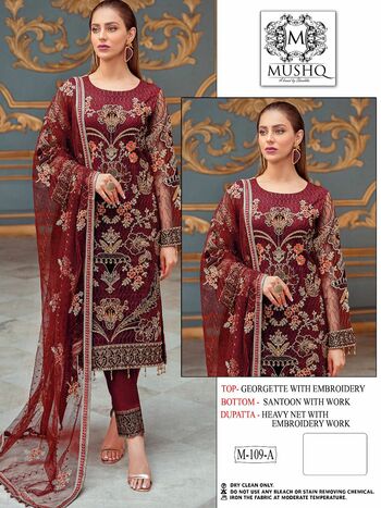 MUSHQ M 109 FOUX GEORGETTE PAKISTANI SUITS WHOLESALE