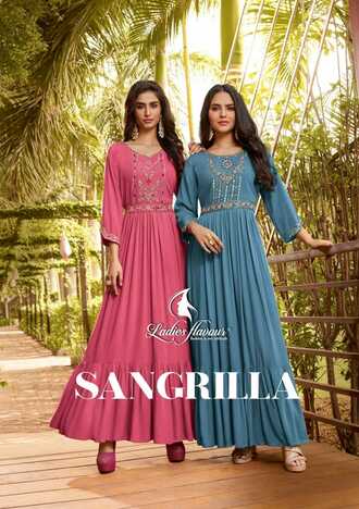 LADIES FLAVOUR SANGRILLA READYMADE RAYON KURTIS CATALOGUE SUPPLIER IN SURAT