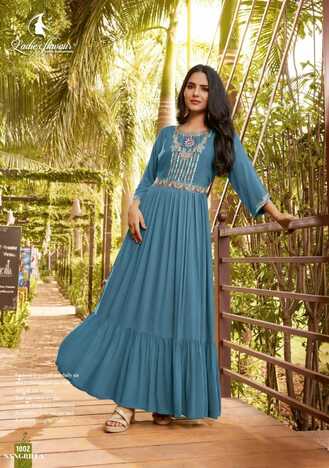 LADIES FLAVOUR SANGRILLA READYMADE RAYON KURTIS CATALOGUE SUPPLIER IN SURAT