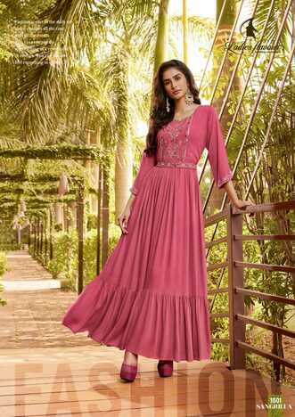 LADIES FLAVOUR SANGRILLA READYMADE RAYON KURTIS CATALOGUE SUPPLIER IN SURAT