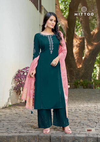 MITTOO PARNITA RAYON KURTI PLAZOO WITH DUPATTA CATALOGUE SUPPLIER IN SURAT