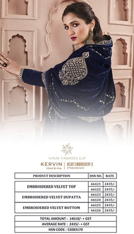 VINAY KERVIN VELVET EMBROIDERY VOL 3 66121-66126 SURAT WHOLESALER