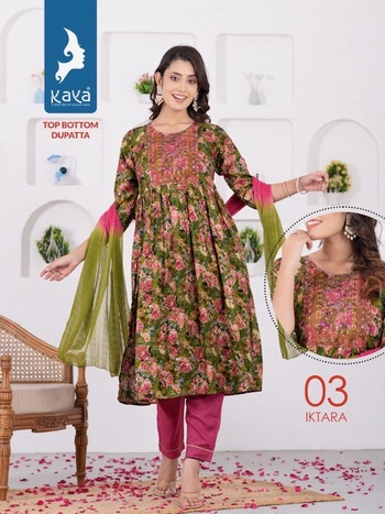 KAYA KURTI IKTARA 3 PIECE RAYON NYRA CUT KURTI WHOLESALER IN SURAT