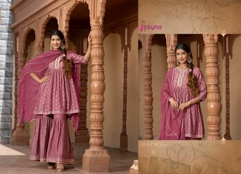 PSYNA GULZAR CHANDERI TOP WITH PEPLUM PANT DUPATTA SET