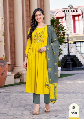 MITTOO GARIMA RAYON KURTI PANT WITH DUPATTA LATEST CATALOGUE