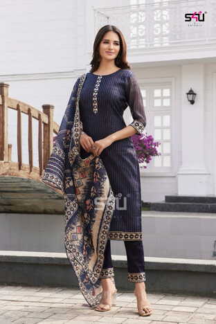 S4U KANTHA ASSAM SILK EMBROIDERY KURTI PANT WITH DUPATTA WHOLESALER SURAT