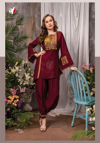 ANJU FABRICS FUSION VOL 3 DESINGER KURTI WITH AFGANI DISTRIBUTOR IN SURAT