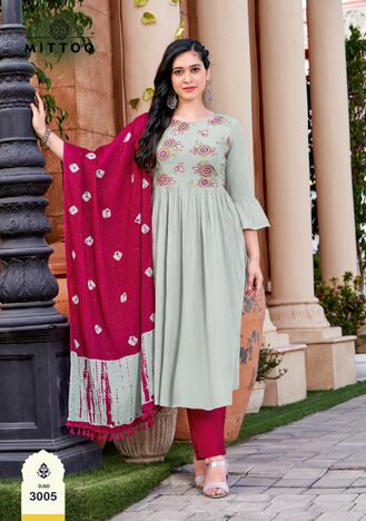 MITTOO GARIMA RAYON KURTI PANT WITH DUPATTA LATEST CATALOGUE