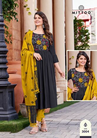 MITTOO GARIMA RAYON KURTI PANT WITH DUPATTA LATEST CATALOGUE