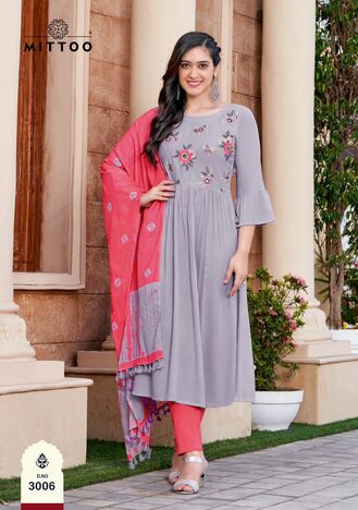 MITTOO GARIMA RAYON KURTI PANT WITH DUPATTA LATEST CATALOGUE