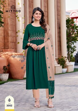 MITTOO GARIMA RAYON KURTI PANT WITH DUPATTA LATEST CATALOGUE