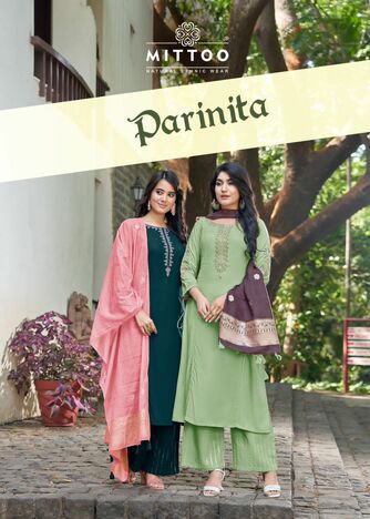 MITTOO PARNITA RAYON KURTI PLAZOO WITH DUPATTA CATALOGUE SUPPLIER IN SURAT