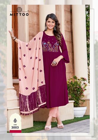 MITTOO GARIMA RAYON KURTI PANT WITH DUPATTA LATEST CATALOGUE