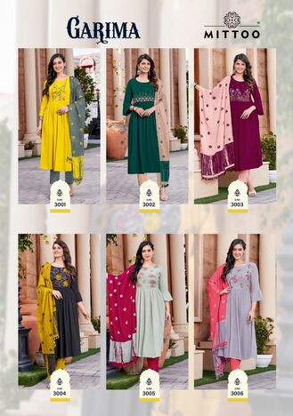 MITTOO GARIMA RAYON KURTI PANT WITH DUPATTA LATEST CATALOGUE