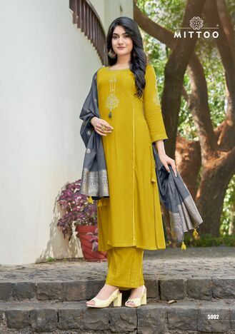 MITTOO PARNITA RAYON KURTI PLAZOO WITH DUPATTA CATALOGUE SUPPLIER IN SURAT