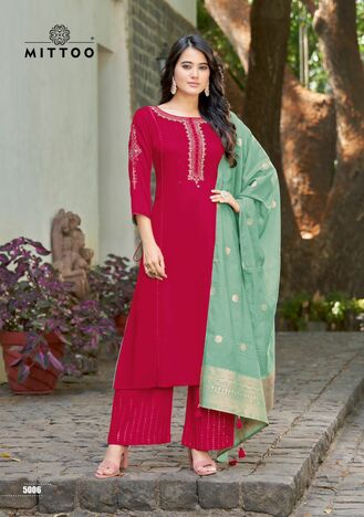 MITTOO PARNITA RAYON KURTI PLAZOO WITH DUPATTA CATALOGUE SUPPLIER IN SURAT