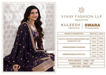 VINAY KULEESH SWARA HEAVY EMBROIDERY SUITS WHOLESALER SURAT