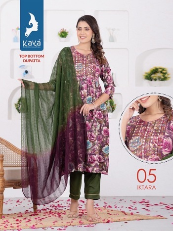 KAYA KURTI IKTARA 3 PIECE RAYON NYRA CUT KURTI WHOLESALER IN SURAT