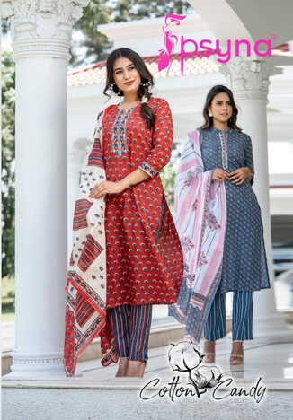 PSYNA COTTON CANDY PRINTED KURTI PANT WITH DUPATTA LATEST CATALOGUE