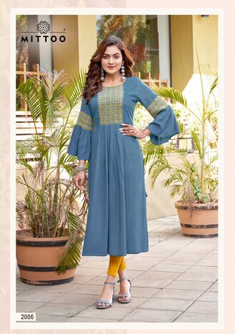 MITTOO SWAGAT RAYON EMBROIDERY KURTIS MANUFACTURER SURAT