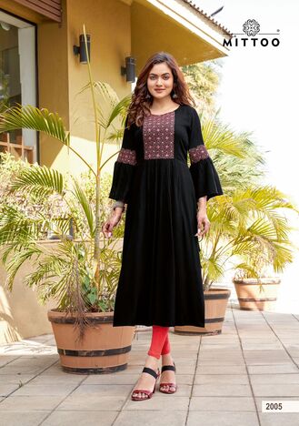 MITTOO SWAGAT RAYON EMBROIDERY KURTIS MANUFACTURER SURAT