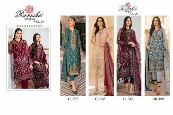 RAMSHA VOL 29 R387 TO R390 PAKISTANI SALWAR KAMEEZ LATEST CATALOGUE 2021