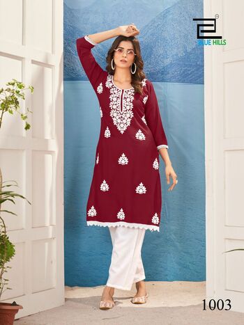 BLUE HILLS NAWAB LUCKNOWI WORK READYMADE KURTIS CATALOGUE DISTRIBUTOR IN SURAT