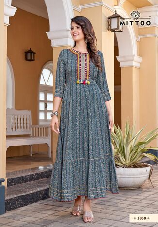 MITTOO BINDI VOL 2 RAYON PRINTED LONG GOWNS MANUFACTURER SURAT