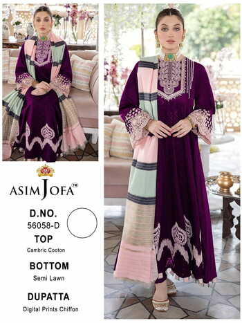 ASIM JOFA 56058 SERIES PAKISTANI LAWN COTTON SUITS SUPPLIER SURAT