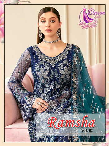 DINSAA SUIT RAMSHA VOL 3 FOUX GEORGETTE PAKISTANI SUITS CATALOGUE