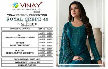 VINAY SILKINA ROYAL CREPE 43 EMBROIDERY PRINTED SUITS SUPPLIER SURAT