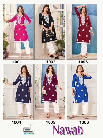 BLUE HILLS NAWAB LUCKNOWI WORK READYMADE KURTIS CATALOGUE DISTRIBUTOR IN SURAT