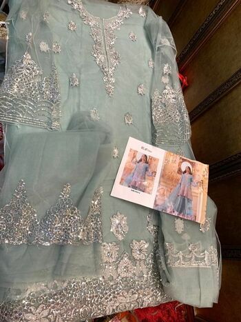 KHAYYIRA SUITS FOUX GEORGETTE NET PAKISTANI SUITS CATALOGUE